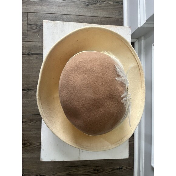 Mr. Charles Vintage Hat  Brown Tan 100% Wool Doeskin Felt Feather - Picture 4 of 9